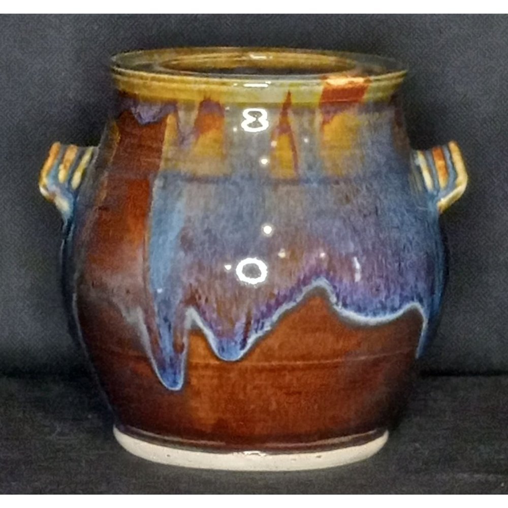 Artist Signed Studio Pottery‎ Vase Pot Planter Vessel Two Handles Glazed Boho